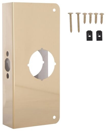 ProSource HSH-050SBP-PS Door Reinforcer, 2-3/8 in Backset, 1-3/4 in Thick Door, Steel, Brass, 9 in H, 4 in W