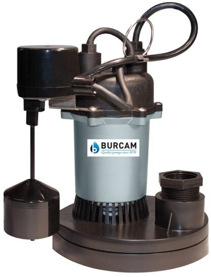 Burcam 300710Z Submersible Sump Pump with Vertical Switch, 115 V, 1/2 hp, 22 ft Max Head, 1000 gph, Plastic