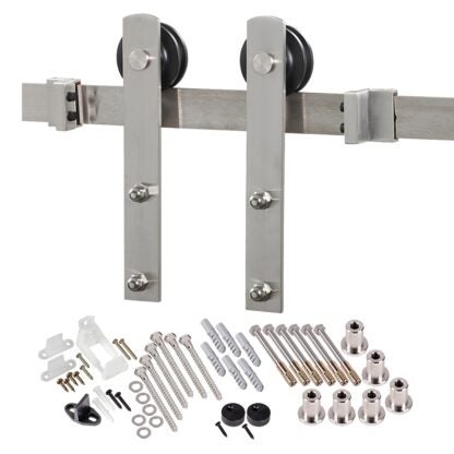 RENIN BD100K-09600-SS Straight Strap Barn Door Hardware Kit, 96 in L Track, Steel, Stainless Steel, Wall Mounting