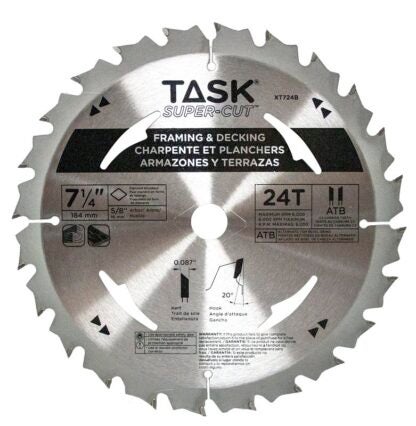 Task Supercut XT724B Framing and Decking Saw Blade, 7-1/4 in Dia, 5/8 in Arbor, 24-Teeth, Tungsten Carbide Cutting Edge