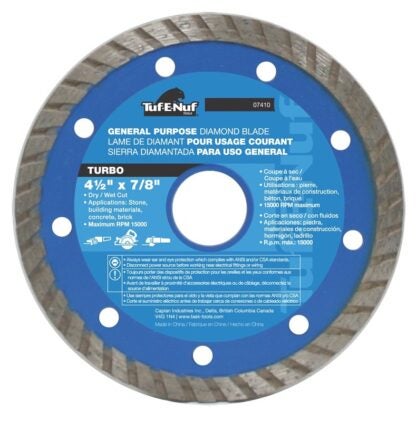 Tuf-E-Nuf 07410 Circular Saw Blade, 4-1/2 in Dia, 7/8 in Arbor, Diamond Cutting Edge