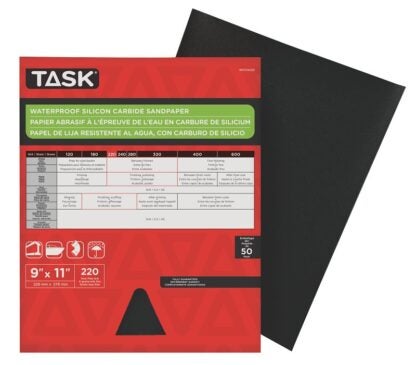 Task WDO4220 Sandpaper, 11 in L, 9 in W, Very Fine, 220 Grit, Silicon Carbide Abrasive Sells in Quantity of 50