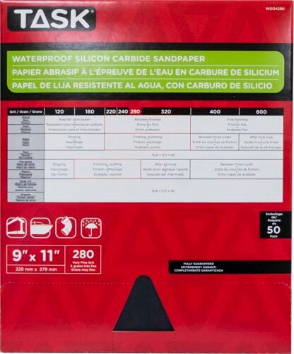 Task WDO4280 Sandpaper, 11 in L, 9 in W, Very Fine, 280 Grit, Silicon Carbide Abrasive Sells in Quantity of 50