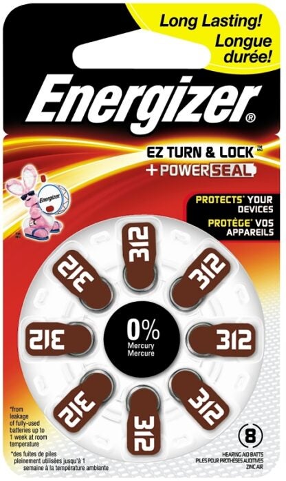 Energizer 312 AZ312DP-8 Hearing Aid Battery, 1.4 V Battery, 155 mAh, Zinc-Air