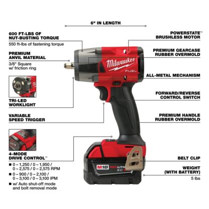 Milwaukee 2960-22 3/8" M18 Fuel Mid-Torque Impact Wrench Kit