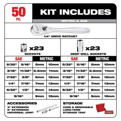 Milwaukee 48-22-9004 1/4" Drive Ratchet & Socket Set - SAE & Metric - 50PC