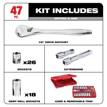 Milwaukee 48-22-9010 1/2" Drive Metric & SAE Ratchet and Socket Set - 47PC