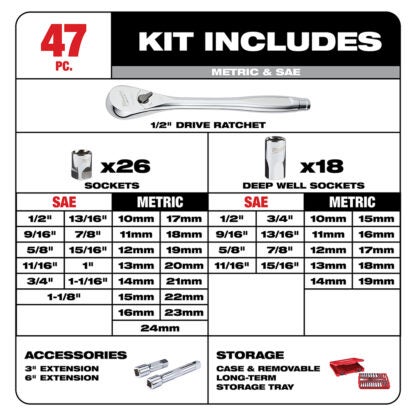 Milwaukee 48-22-9010 1/2" Drive Metric & SAE Ratchet and Socket Set - 47PC