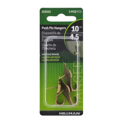 Hillman Push Pin Hanger, Antique Brass, 3 Pack 122212