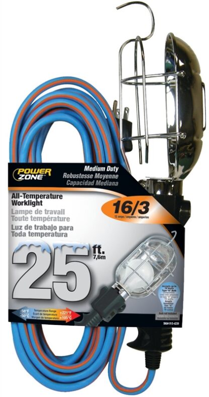 PowerZone ORTL020625 Work Light with Metal Guard, 12 A, 125 V, Incandescent Lamp, 25 ft L Cord