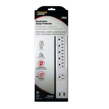 PowerZone Surge Protector Power Strip, 125 V, 15 A, 6-Outlet, 1800 Joules Energy, White OR525106