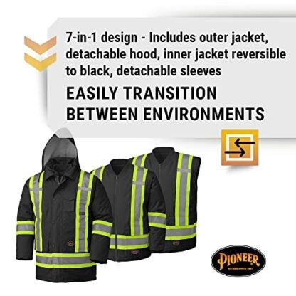 Pioneer V1120470-3XL 6-in-1 Waterproof Winter Hi-Viz Jacket - Black - 3XL