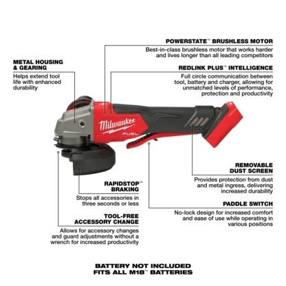 Milwaukee Electric Tool 2888-20 18V Fuel 4-1/2  / 5  Cordless Variable Speed Braking Grinder  Paddle Switch No-Lock