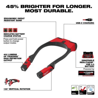 Milwaukee 400 Lumens LED REDLITHIUM Rechargeable Neck Light, Black