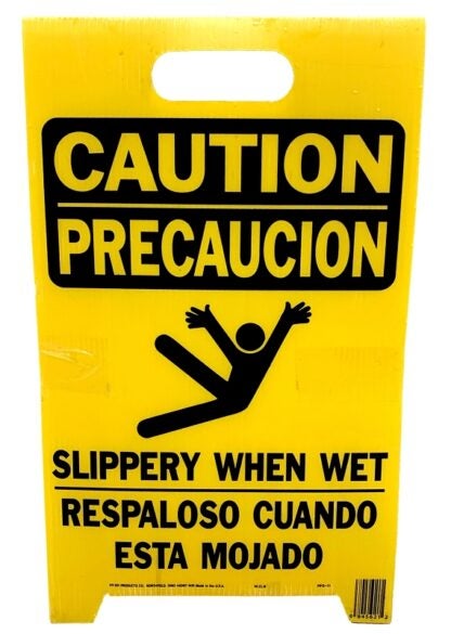 Hy-Ko PFS-11 Caution Wet Floor Sign, 12-1/4 in W, Yellow Background, CAUTION SLIPPERY WHEN WET, English and Spanish