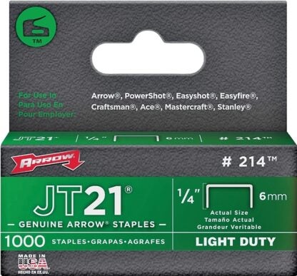 Arrow JT21 Series 214 Flat Crown Staple, 1/4 in W Crown, 1/4 in L Leg, 0.03 ga Gauge Sells in Quantity of 5