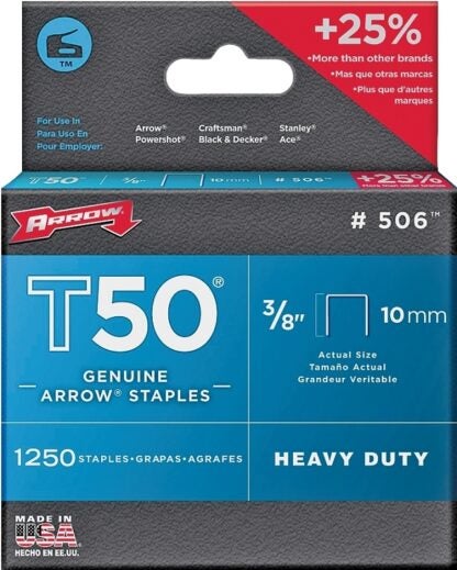 Arrow T50 Series 50624 Flat Crown Staple, 3/8 in W Crown, 3/8 in L Leg Sells in Quantity of 4