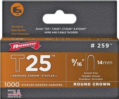 Arrow T25 Series 259 Round Crown Staple, 5/16 in W Crown, 9/16 in L Leg Sells in Quantity of 5