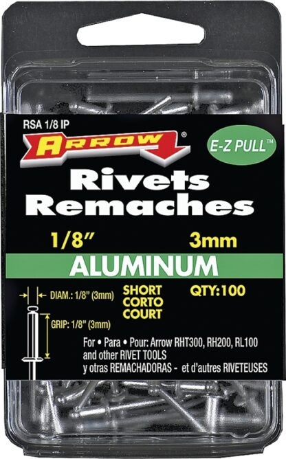 Arrow RSA1/8IP Pop Rivet, Short, 1/8 in L, Aluminum