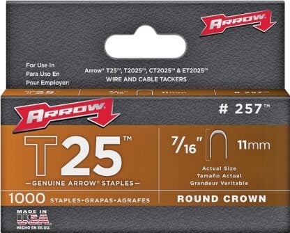 Arrow T25 Series 257 Round Crown Staple, 5/16 in W Crown, 7/16 in L Leg Sells in Quantity of 5