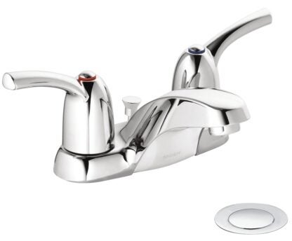 Moen Adler Series 84603 Bathroom Faucet, 1.2 gpm, 2-Faucet Handle, Metal, Chrome Plated, Lever Handle, Low Arc Spout