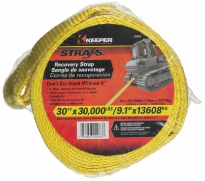 Keeper 02963 Vehicle Recovery Strap, 30,000 lb, 6 in W, 30 ft L, Yellow