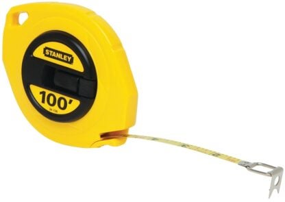 STANLEY 34-106 Measuring Tape, 100 ft L Blade, 3/8 in W Blade, Steel Blade, ABS Case, Yellow Case