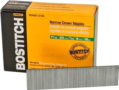 Bostitch SX50351-3/16G Crown Staple, 7/32 in W Crown, 1-3/16 in L Leg, 18 Gauge, Steel