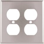 Eaton 93102-SP-L Receptacle Wallplate, 4.51 in L, 4.45 in W, 2-Gang, Stainless Steel, Brushed Satin, Screw