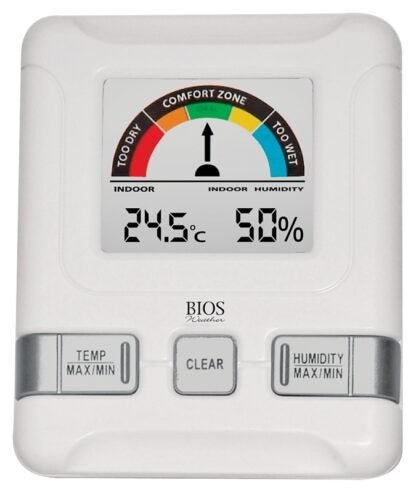 BIOS Weather 258BC Indoor Hygrometer-Thermometer, 14 to 122 deg F Temperature Range, +/-2 deg F Accuracy, Battery