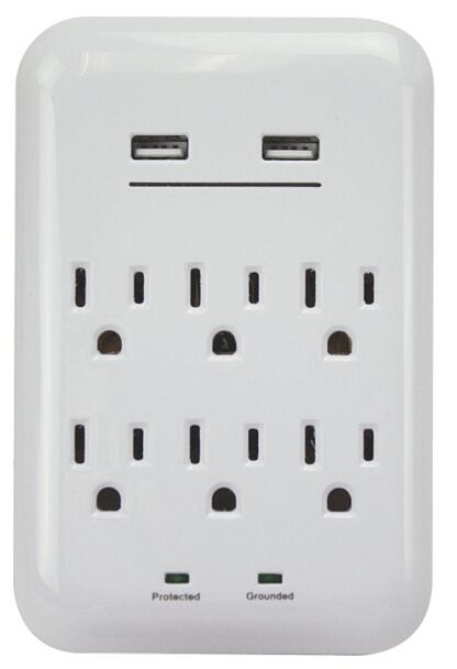 PowerZone ORUSB346S USB Charger with Surge Protection, 2-Pole, 125 V, 15 A, 6-Outlet, 1200 Joules Energy, White