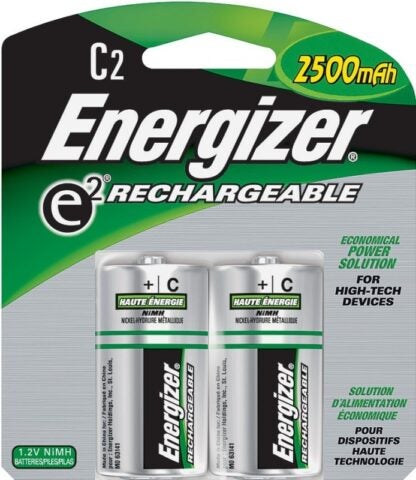 Energizer NH35BP-2 Rechargeable Battery, 1.2 V Battery, 2500 mAh, C Battery, Nickel-Metal Hydride, Green/Silver