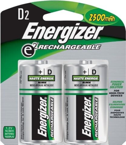 Energizer NH50BP-2 Rechargeable Battery, 1.2 V Battery, 2500 mAh, D Battery, Nickel-Metal Hydride, Green/Silver