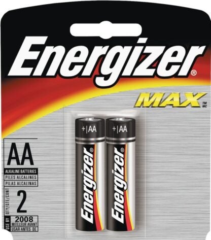 Energizer E91 E91BP-2 Battery, 1.5 V Battery, 2850 mAh, AA Battery, Alkaline, Manganese Dioxide, Zinc, Silver