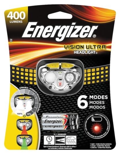 Energizer HDE32E Headlight, AAA Battery, LED Lamp, 400 Lumens Lumens, 80 m Beam Distance, 2 hr Run Time, Gray