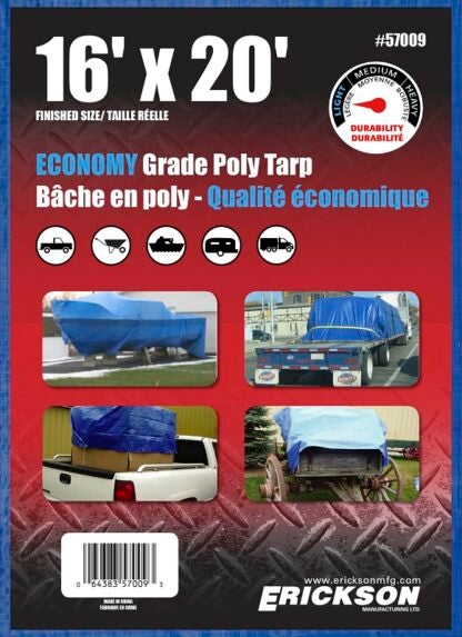 Erickson 57009 All-Purpose Tarp, 20 ft L, 16 ft W, 4 mm Thick, Polyethylene, Blue