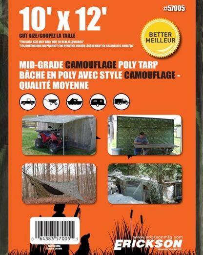 Erickson 57005 Mid-Grade Tarp, 12 ft L, 10 ft W, Poly, Camouflage