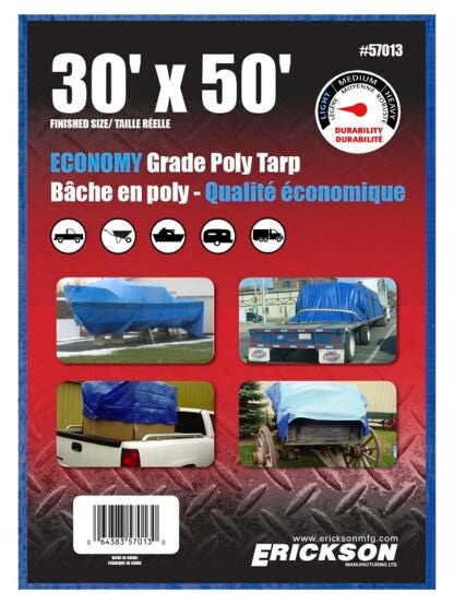 Erickson 57013 All-Purpose Tarp, 50 ft L, 30 ft W, Polyethylene, Blue