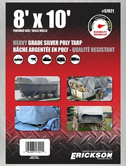 Erickson 57021 Heavy-Grade Tarp, 10 ft L, 8 ft W, Polyethylene, Silver