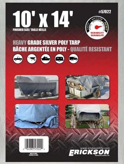 Erickson 57022 Heavy-Grade Tarp, 14 ft L, 10 ft W, Poly, Silver