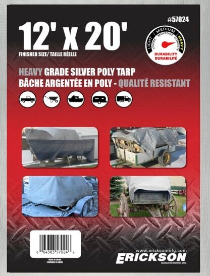 Erickson 57024 Heavy-Grade Tarp, 20 ft L, 12 ft W, Poly, Silver