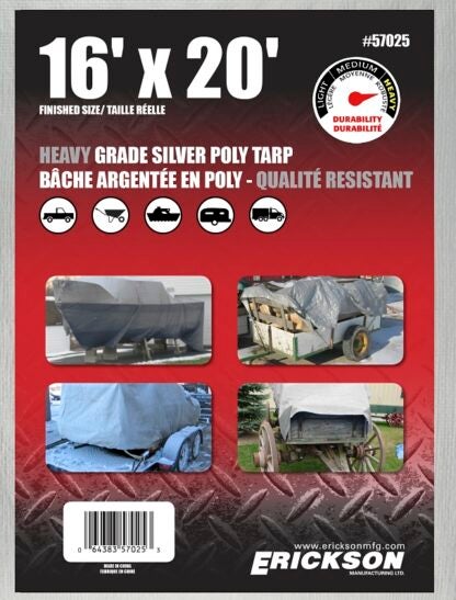 Erickson 57025 Tarp, 20 ft L, 16 ft W, 10 mil Thick, Polyethylene, Silver