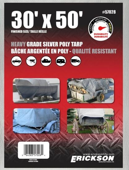 Erickson 57028 Heavy-Grade Tarp, 50 ft L, 30 ft W, 9 mil Thick, Poly, Silver