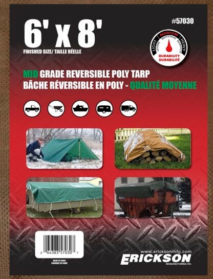 Erickson 57030 Mid-Grade Tarp, 8 ft L, 6 ft W, Poly, Brown/Green