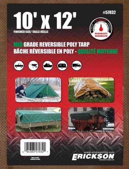 Erickson 57032 Mid-Grade Reversible Tarp, 12 ft L, 10 ft W, 5.5 mm Thick, Polyethylene, Brown/Green