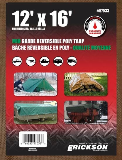 Erickson 57033 Mid-Grade Reversible Tarp, 16 ft L, 12 ft W, Polyethylene, Brown/Green