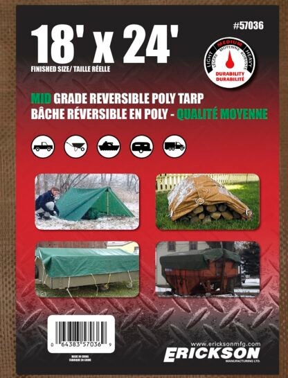 Erickson 57036 Reversible Tarp, 18 ft L, 24 ft W, 5 mm Thick, HDPE, Brown/Green