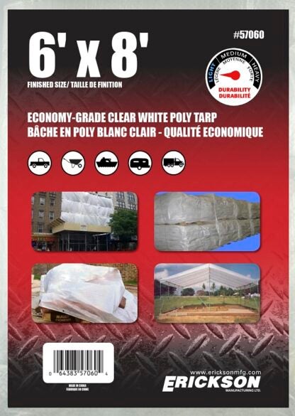 Erickson 57060 Economy-Grade Tarp, 8 ft L, 6 ft W, Poly, Clear White