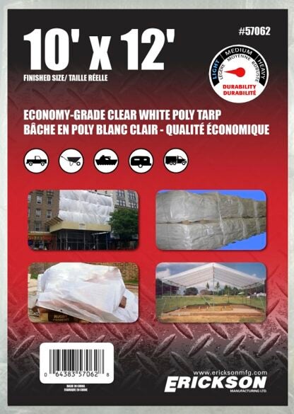 Erickson 57062 Economy-Grade Tarp, 12 ft L, 10 ft W, Poly, Clear White