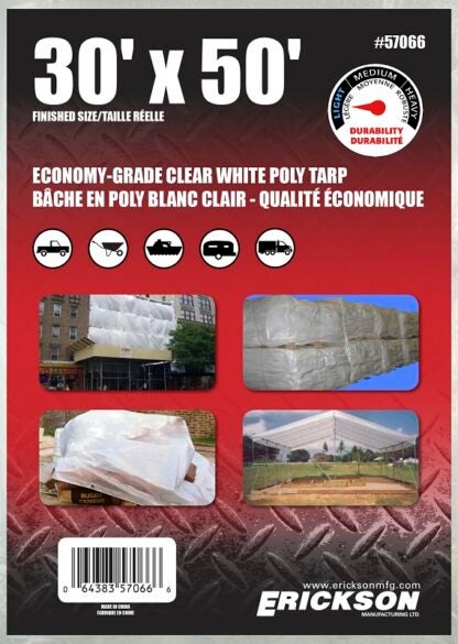 Erickson 57066 Economy-Grade Tarp, 50 ft L, 30 ft W, Poly, Clear White